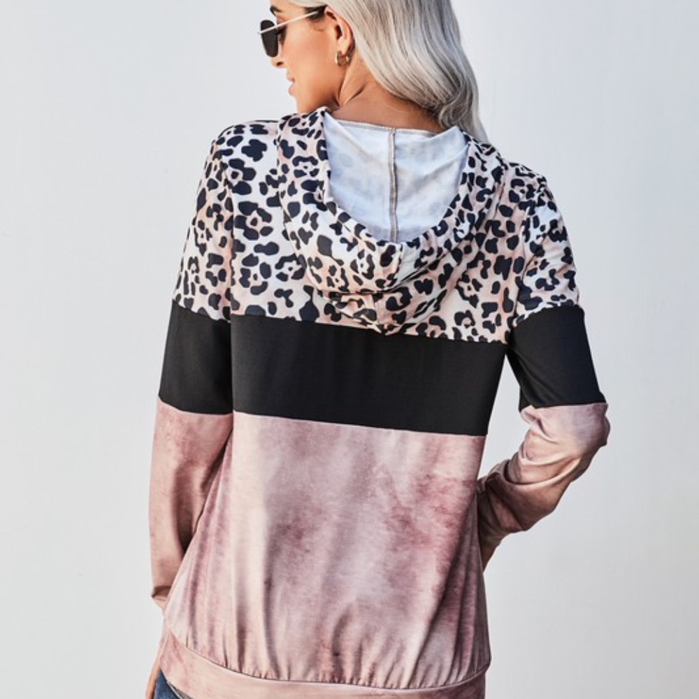Boho Pink Leopard Print Tie Dye Sweater Top - Picture 3 of 7